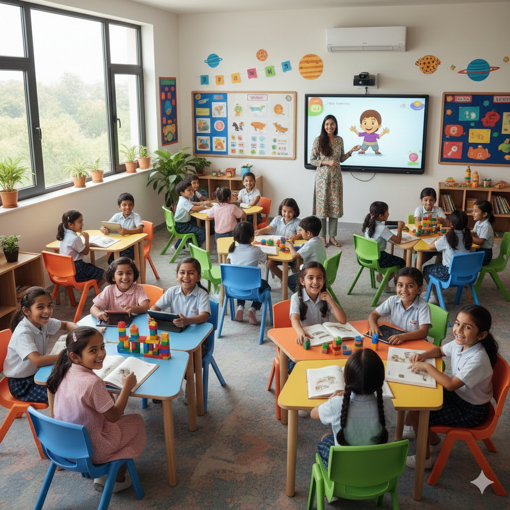 Indian classroom with young students learning happily